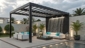 Modern aluminium pergola with automated louvers in Dubai Hills villa garden.