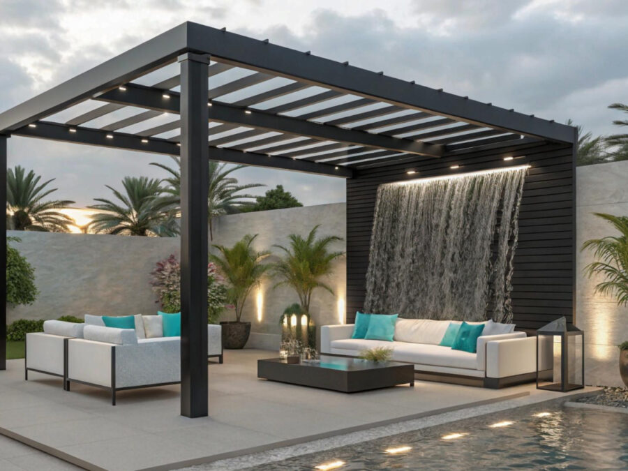 Modern aluminium pergola with automated louvers in Dubai Hills villa garden.