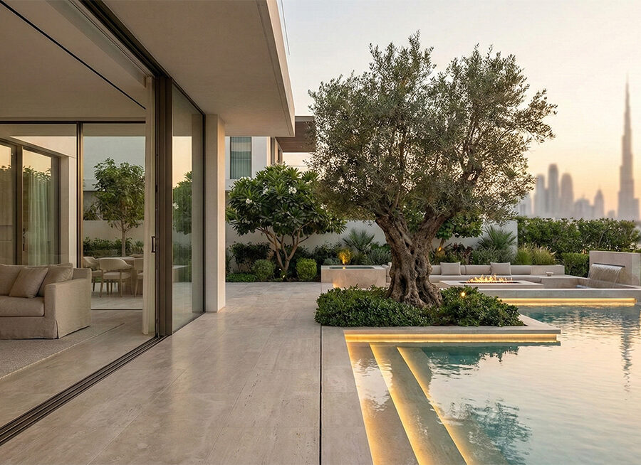 Luxury Dubai villa landscaping at sunset, featuring an illuminated infinity pool with stone steps, a signature ancient floating olive tree, and a sunken fire pit lounge. The seamless indoor-outdoor living space overlooks the Dubai skyline. A prime example of quiet luxury design by Panamera Landscape.