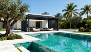 Luxury villa backyard with infinity pool, modern pergola, and premium landscaping in Dubai, representing a high-end project for the 2026 cost guide.