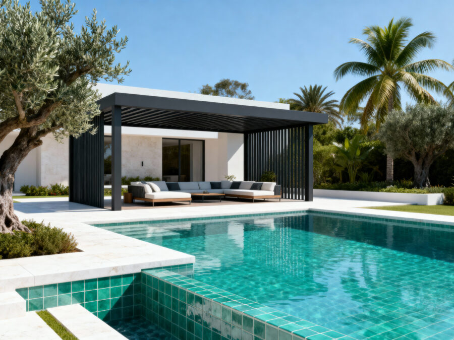 Luxury villa backyard with infinity pool, modern pergola, and premium landscaping in Dubai, representing a high-end project for the 2026 cost guide.