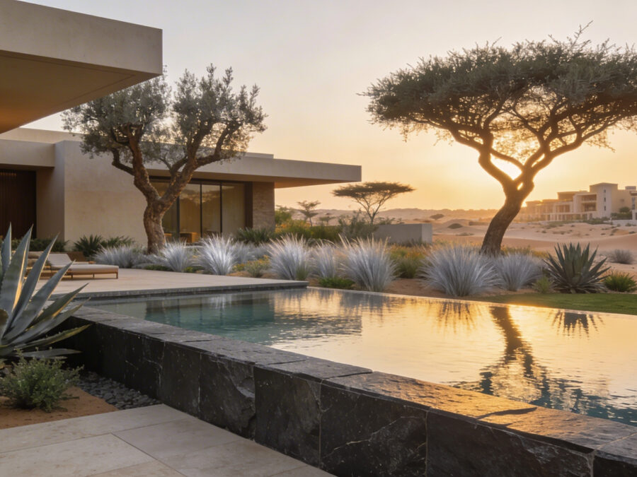 Bespoke sustainable luxury landscape design for a Dubai villa, featuring a glowing infinity pool, architectural stone masonry, and drought-resistant native planting. A masterclass in quiet luxury and smart garden engineering by Panamera Landscape.