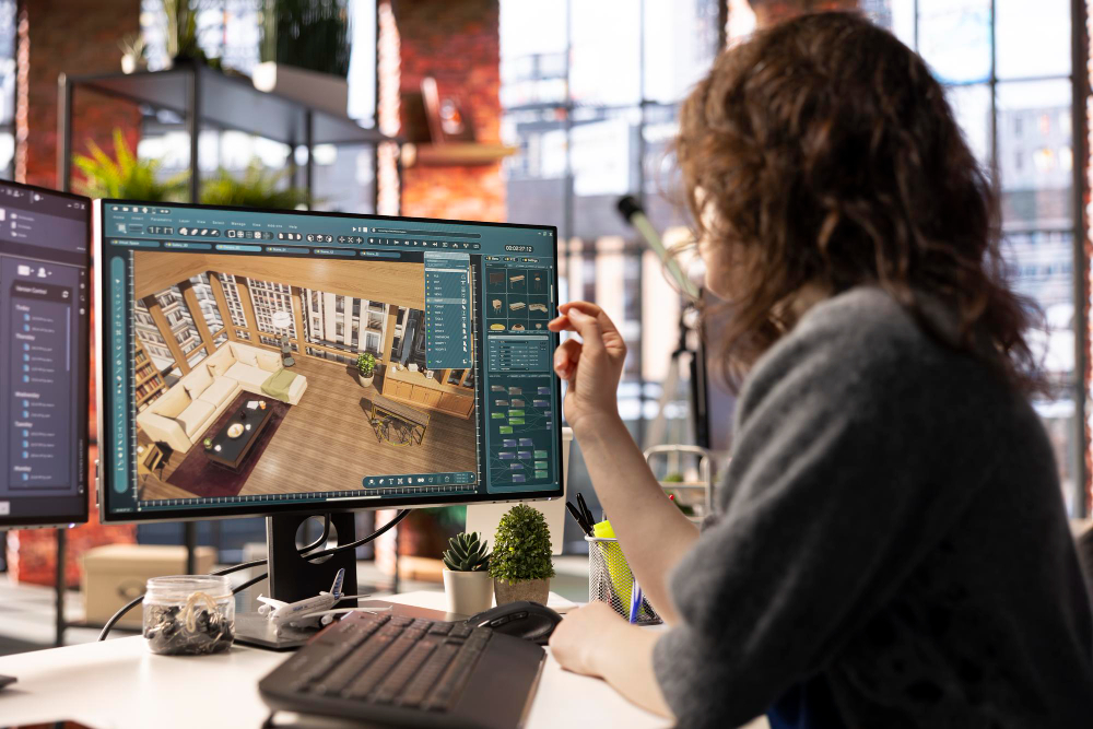 Professional 3D landscape design rendering showing a luxury patio and outdoor furniture layout on a monitor.