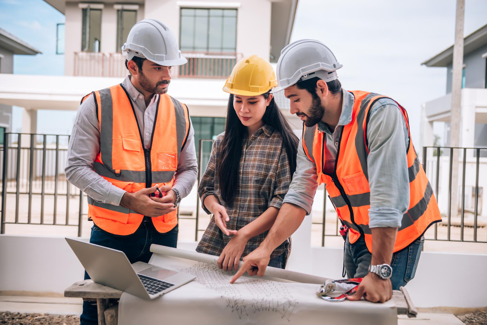 Construction team in safety gear reviewing architectural blueprints on-site at a residential villa project.