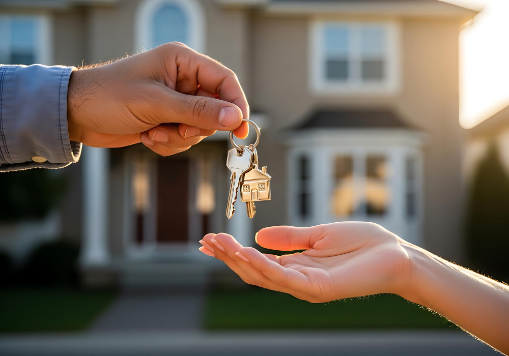 Handing over keys to a homeowner after the completion of a luxury landscape and pool project.
