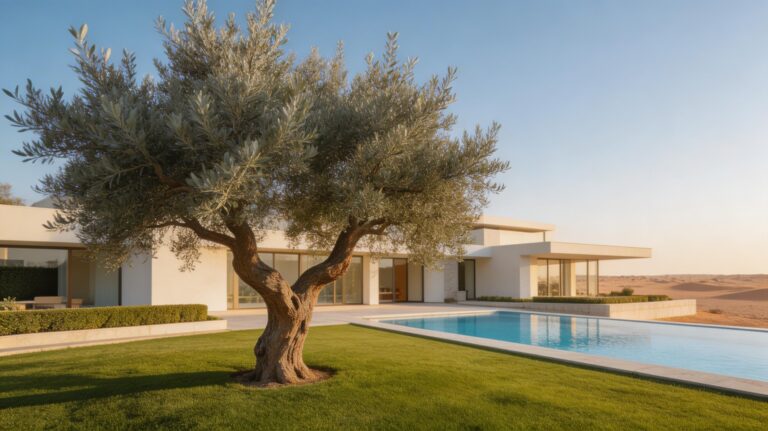 Century-old Mediterranean Olive tree in a bespoke travertine planter, showcasing landscape engineering and acclimatization in a Dubai luxury villa by Panamera Landscape.