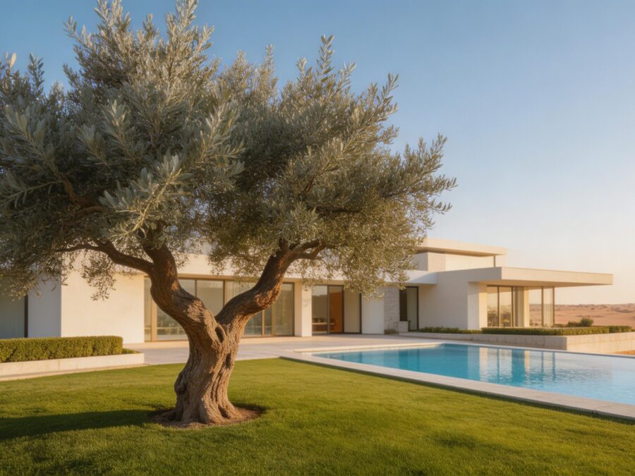 Century-old Mediterranean Olive tree in a bespoke travertine planter, showcasing landscape engineering and acclimatization in a Dubai luxury villa by Panamera Landscape.