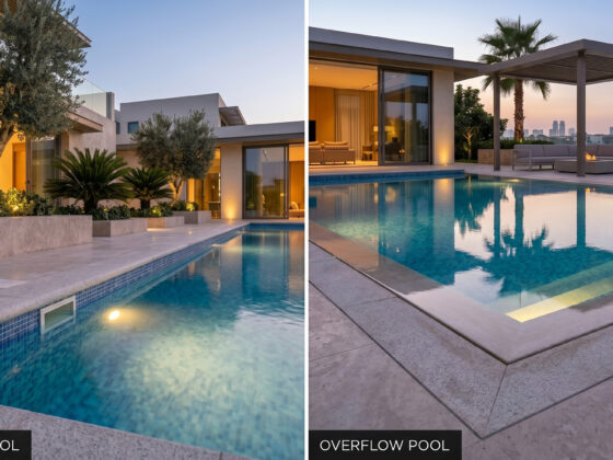 A technical view of a luxury skimmer pool construction in Dubai, showing the water level sitting 10cm below the marble coping stones with visible waterline tiles and integrated architectural lighting by Panamera Landscapes.