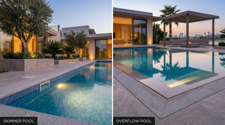 A technical view of a luxury skimmer pool construction in Dubai, showing the water level sitting 10cm below the marble coping stones with visible waterline tiles and integrated architectural lighting by Panamera Landscapes.