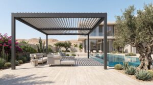 A luxury Dubai villa garden designed by Panamera Landscapes featuring a bioclimatic pergola, heat-resistant planting, and smart irrigation