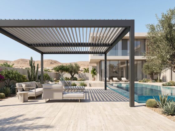 A luxury Dubai villa garden designed by Panamera Landscapes featuring a bioclimatic pergola, heat-resistant planting, and smart irrigation