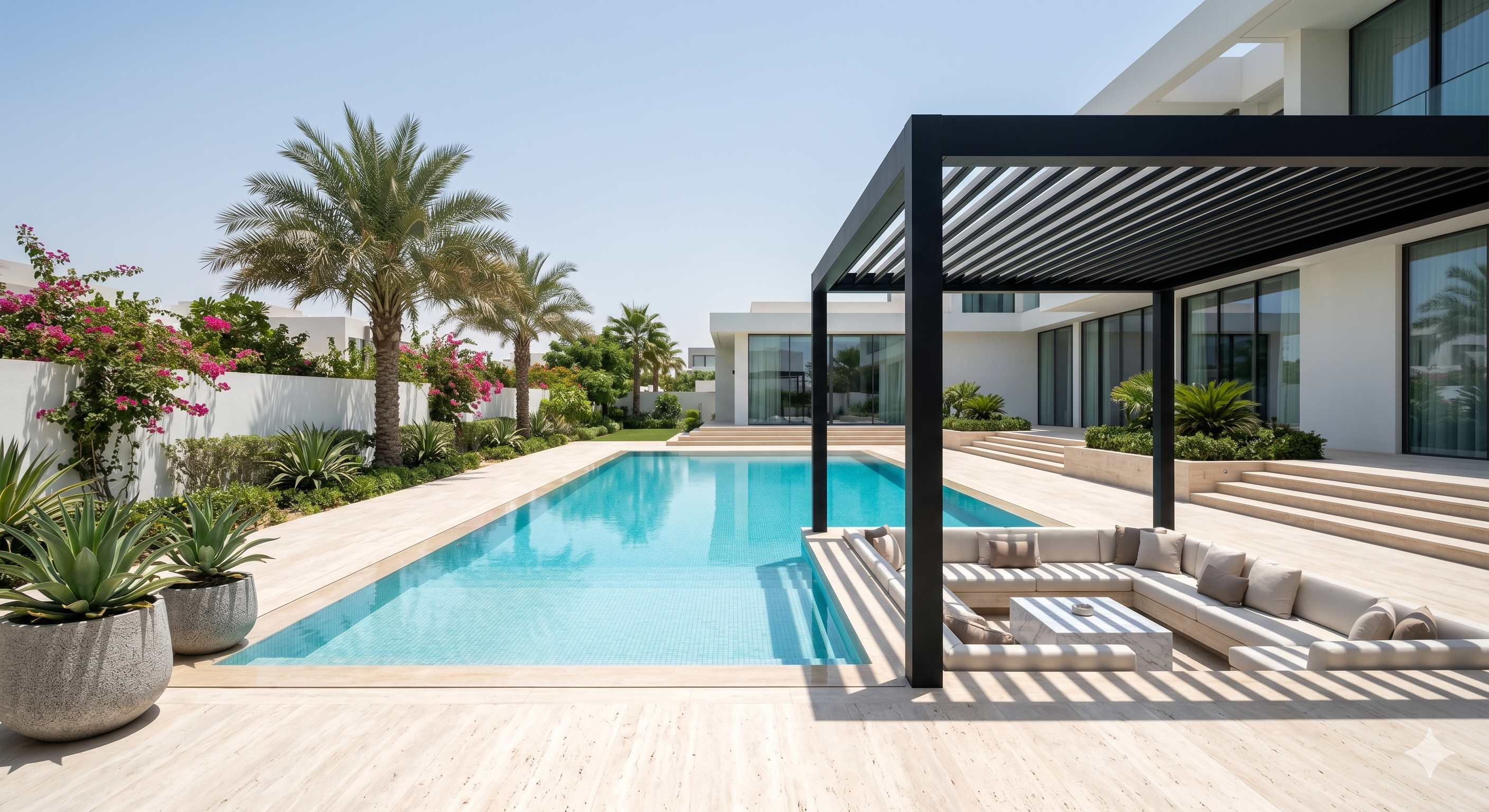 Landscaped pool and garden at a modern Dubai villa