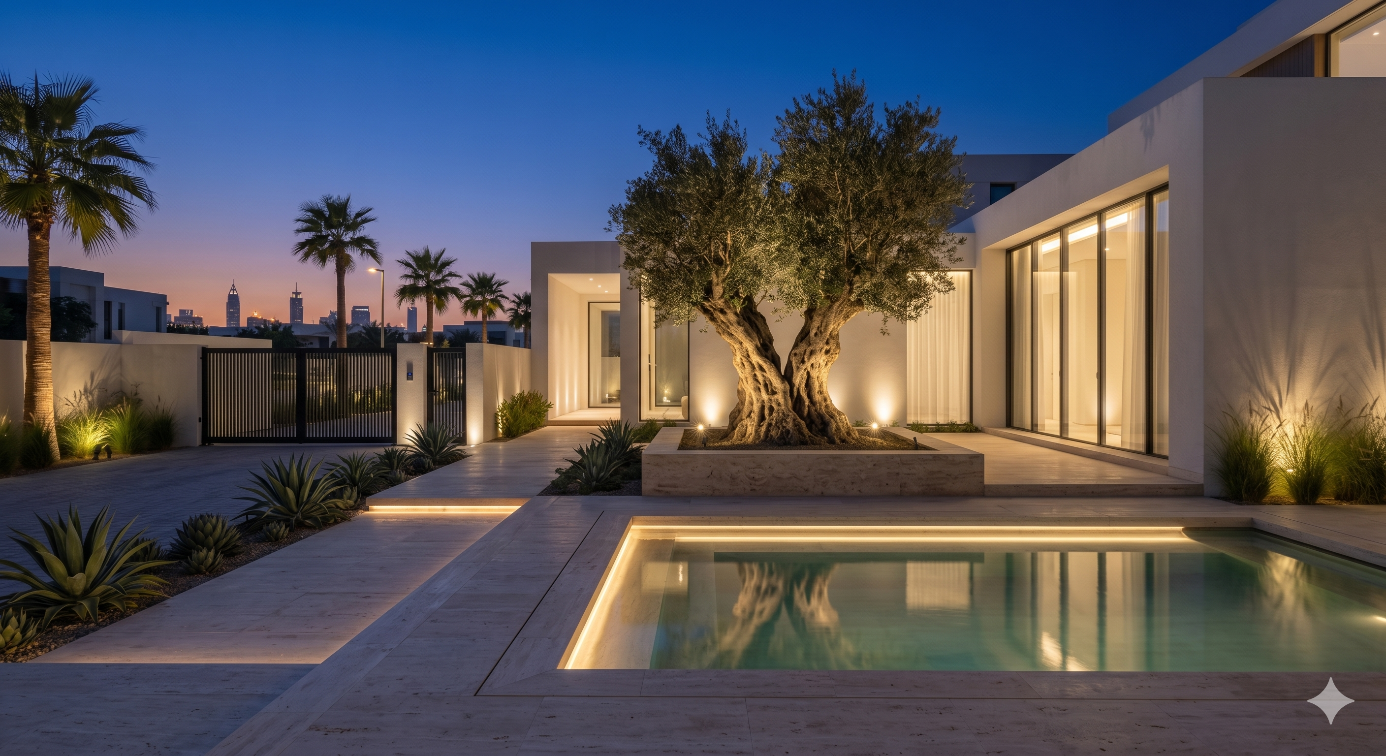 A luxury Dubai villa evening garden designed by Panamera Landscapes, featuring a mature olive tree with architectural uplighting, a lighted overflow pool, and travertine pathways at twilight.