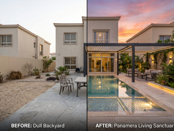 A before and after transformation of a luxury Dubai villa garden by Panamera Living, showcasing proper landscape engineering, turnkey hardscaping, and lush heat-resistant plants.