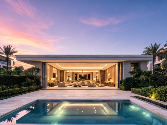 A luxury contemporary Dubai estate at twilight, highlighting a seamless open-concept horizontal addition with retracted ultra-thin sliding glass doors. The interior light-travertine flooring flows flawlessly out onto a sleek outdoor deck with zero threshold, while a massive infinity pool perfectly reflects the warmly lit modern living room and deep indigo night sky.