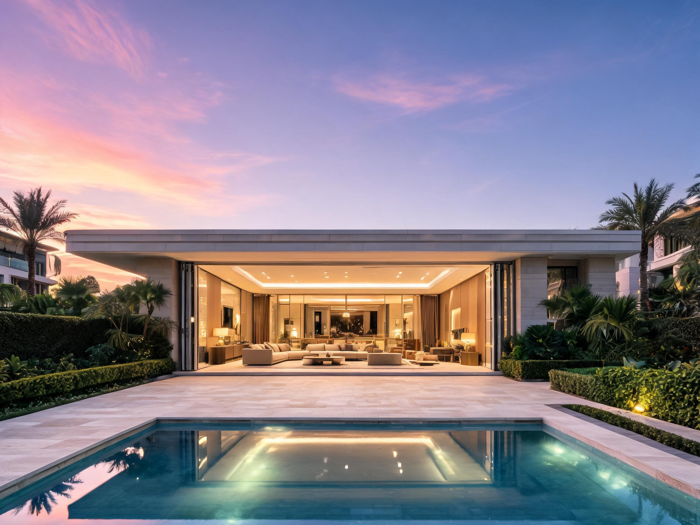 A luxury contemporary Dubai estate at twilight, highlighting a seamless open-concept horizontal addition with retracted ultra-thin sliding glass doors. The interior light-travertine flooring flows flawlessly out onto a sleek outdoor deck with zero threshold, while a massive infinity pool perfectly reflects the warmly lit modern living room and deep indigo night sky.
