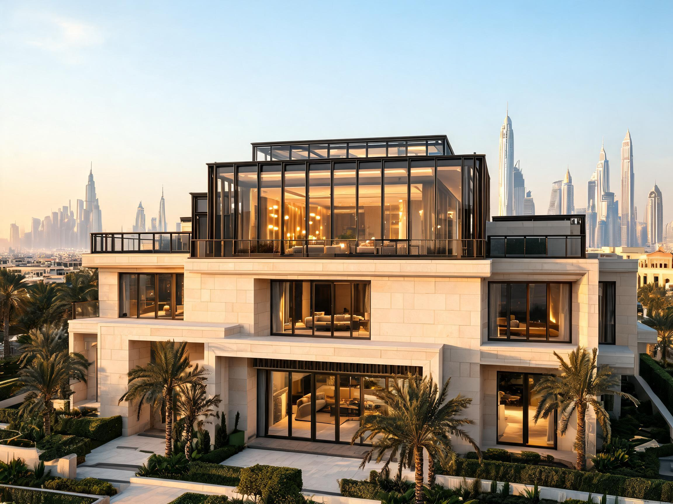 Architectural exterior of a luxury modern villa in Dubai during a golden afternoon sunset, showcasing a seamless vertical extension roof lounge with dark metallic structural framing, floor-to-ceiling glass walls, and an expansive terrace. The light-stone ground floor features premium glass sliding doors, manicured palms, vibrant bougainvillea, and a pristine swimming pool.