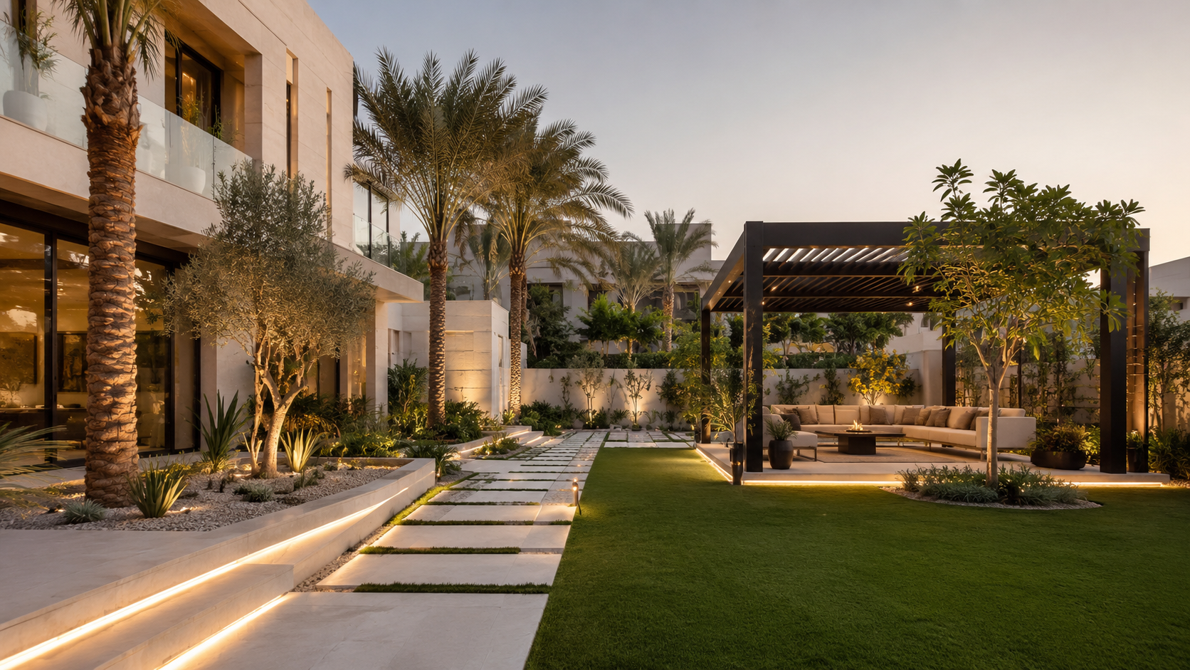 Villa landscaping in Dubai with modern garden, palm trees, pathway, lawn and outdoor seating