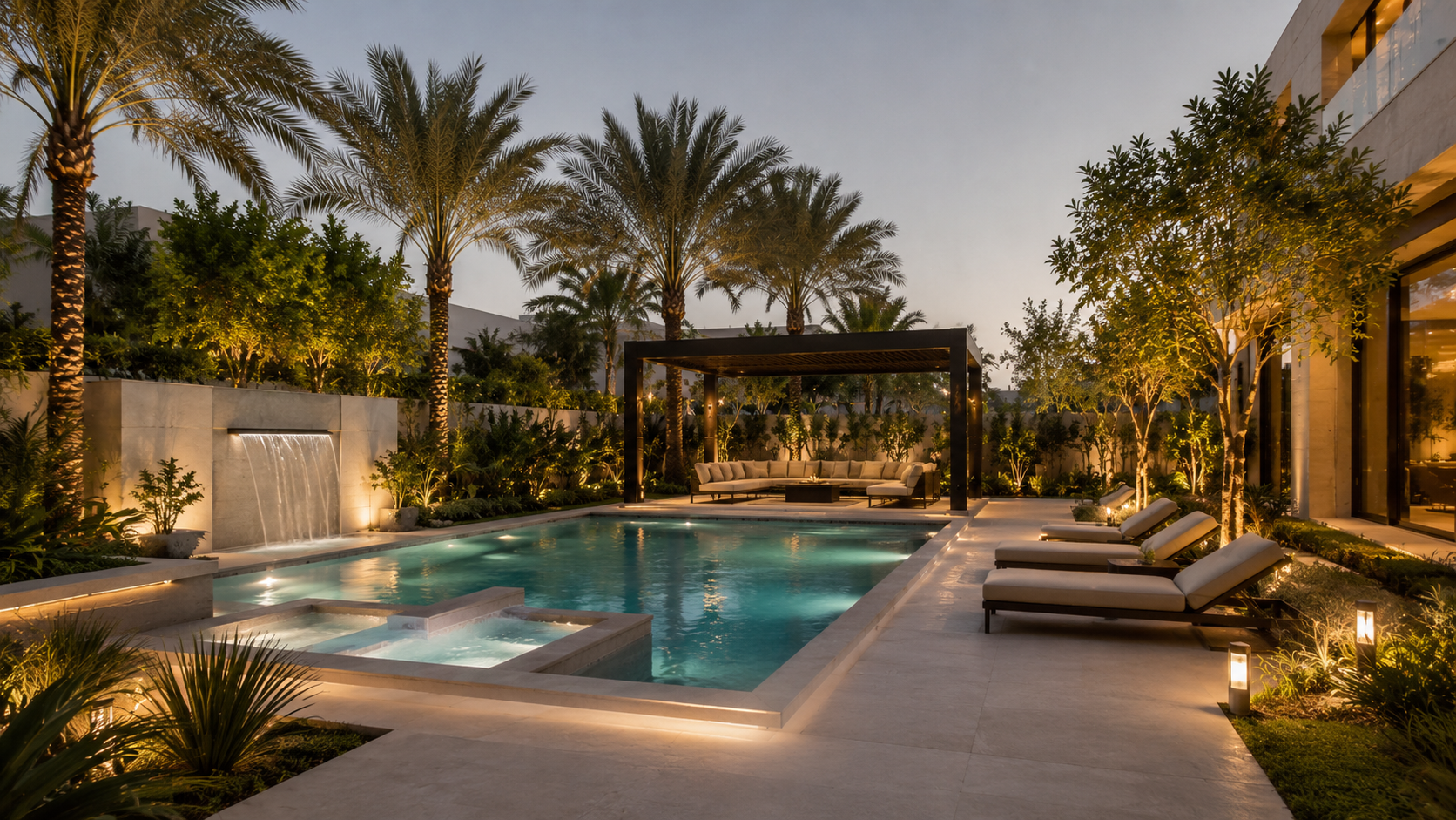 Pool landscaping in Dubai villa with garden lighting, palms, seating and water feature