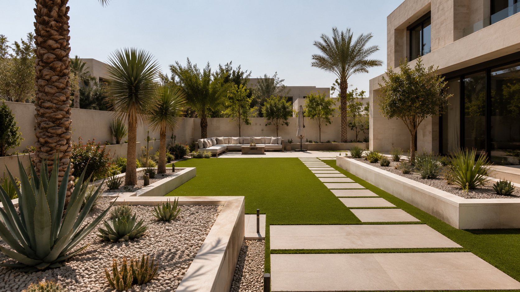 Low-maintenance villa landscaping in Dubai with gravel, palms, pathway, lawn and outdoor seating