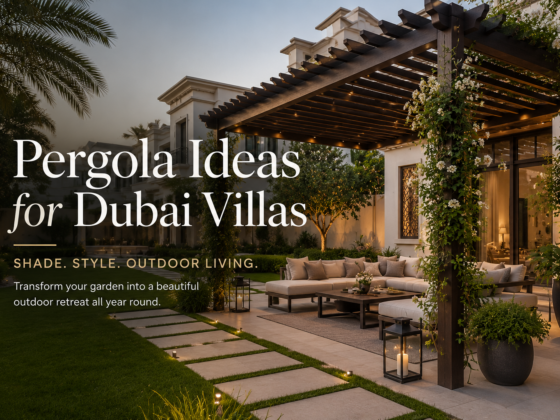 Modern pergola design for Dubai villa garden with outdoor seating and landscape lighting