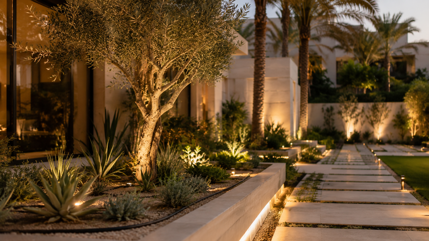 Dubai villa landscape lighting with garden pathway, plants and irrigation planning