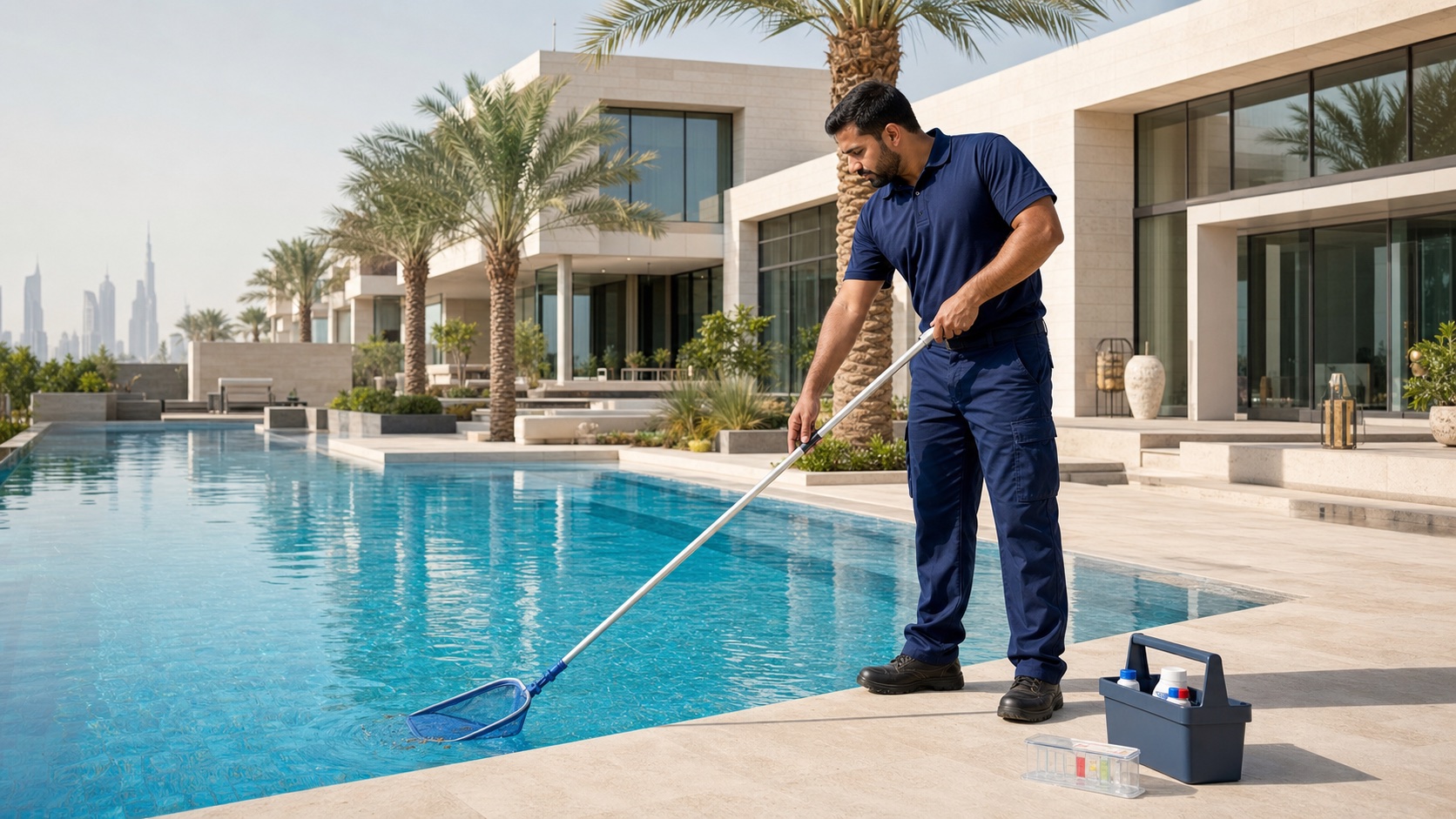Pool maintenance professional cleaning a private villa pool in Dubai