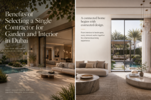 Single contractor for garden and interior design in Dubai villa with seamless indoor outdoor living and pool landscaping