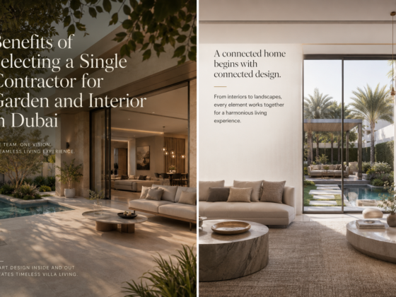 Single contractor for garden and interior design in Dubai villa with seamless indoor outdoor living and pool landscaping