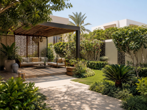 Dubai villa garden privacy design with pergola, layered planting, outdoor lounge and landscape screening