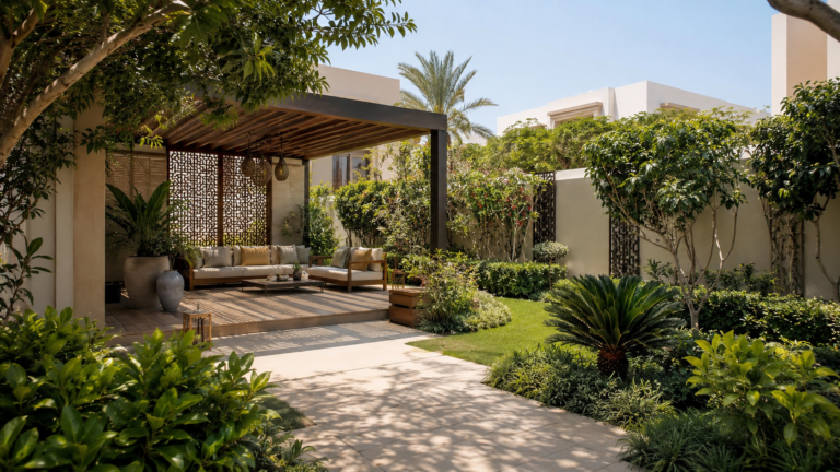 Dubai villa garden privacy design with pergola, layered planting, outdoor lounge and landscape screening