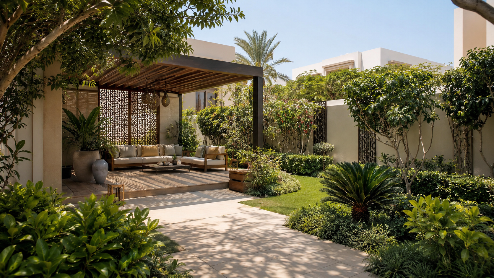 Dubai villa garden privacy design with pergola, layered planting, outdoor lounge and landscape screening