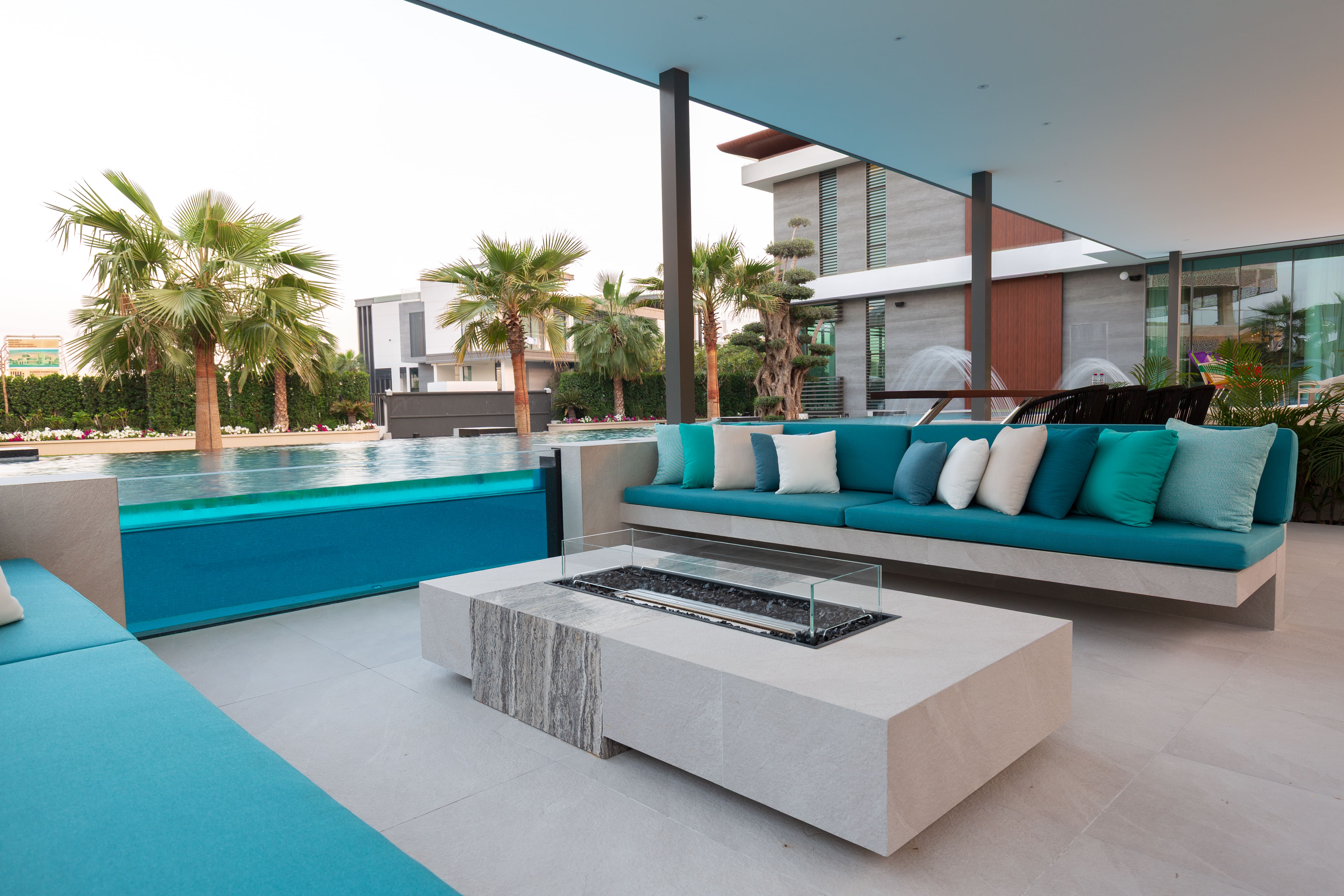 Pool, pavilion and landscaped lawn