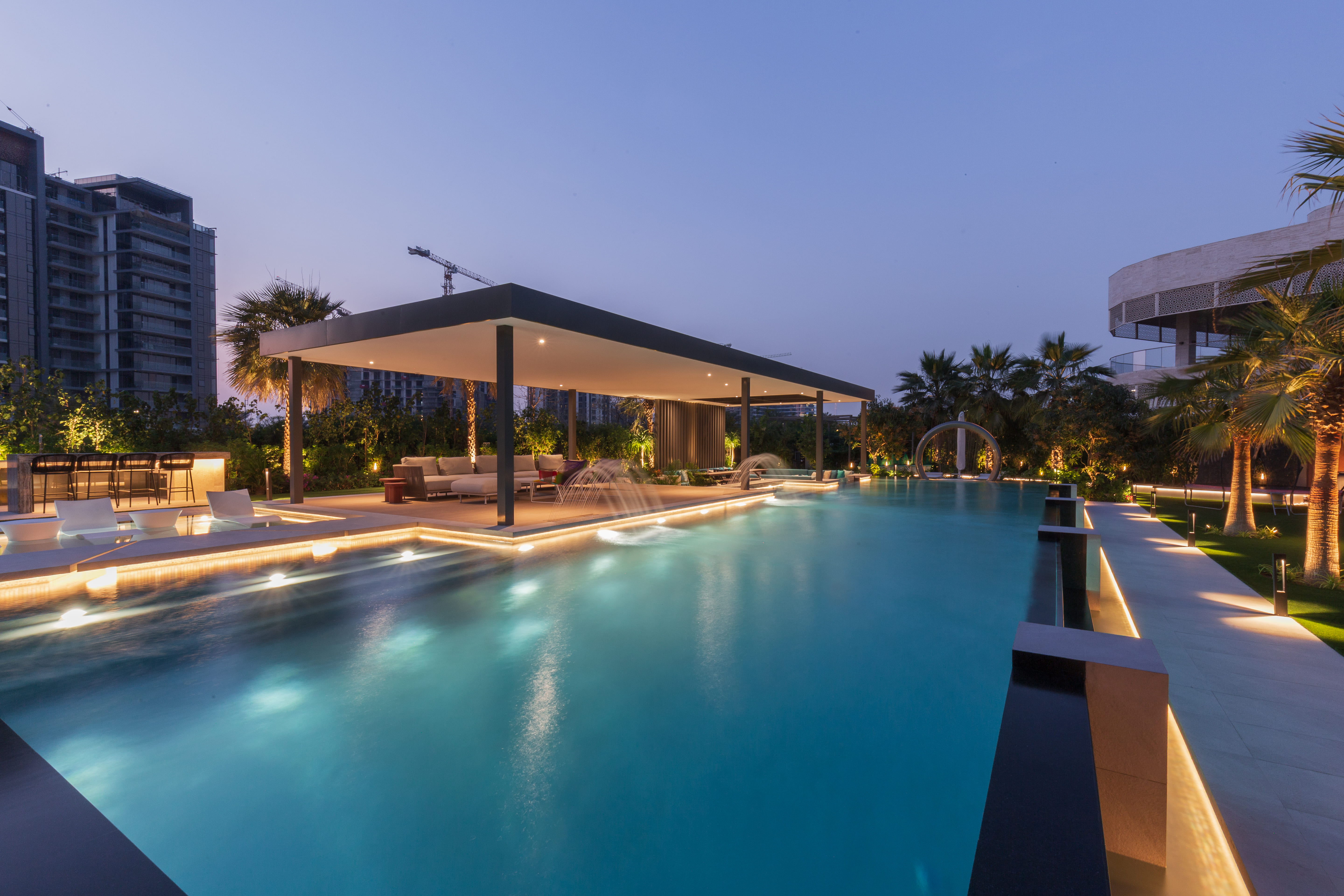 Landscape lighting around the villa pool