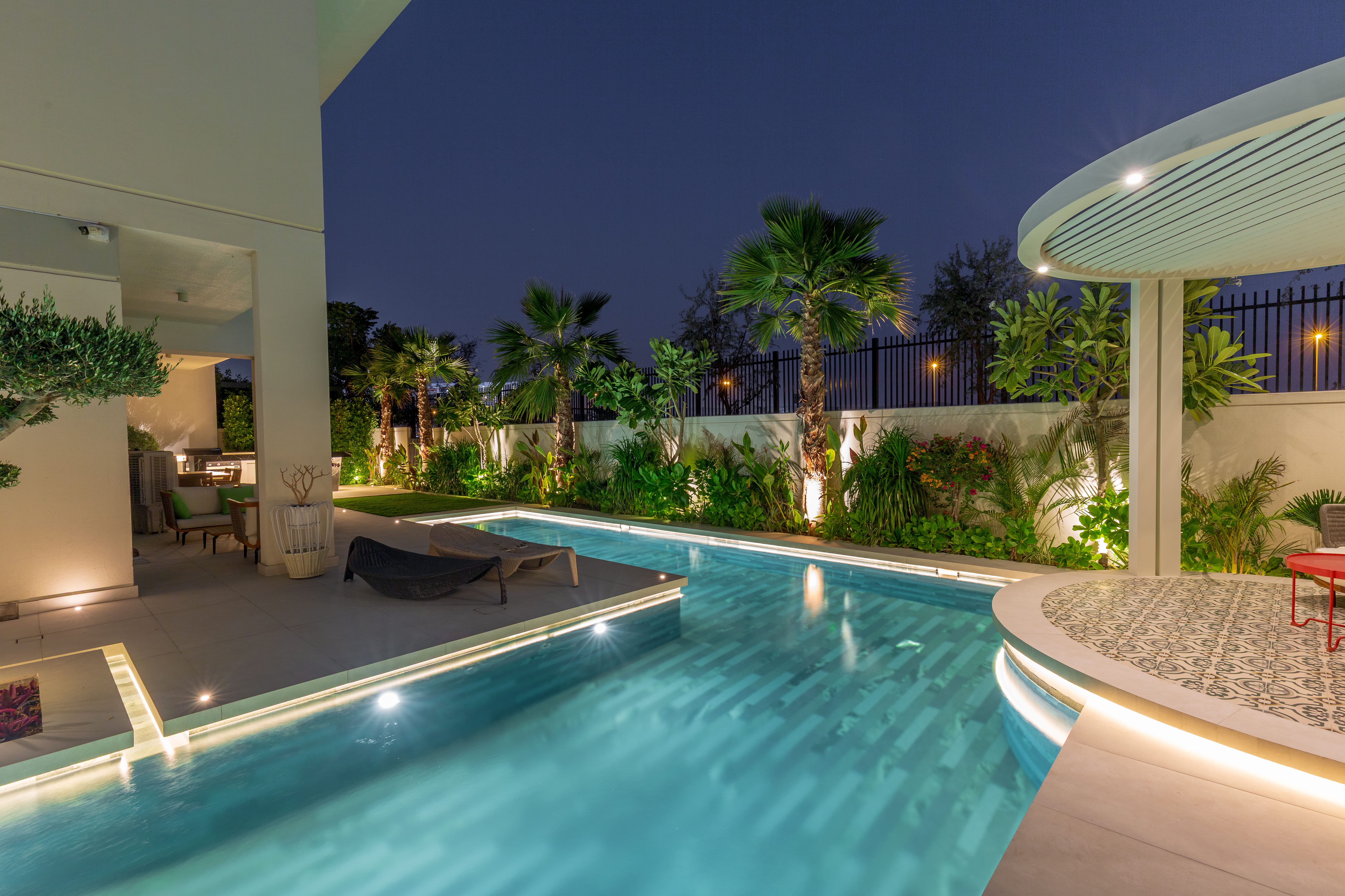 Emerald Courtyard illuminated swimming pool in Tilal Al Ghaf